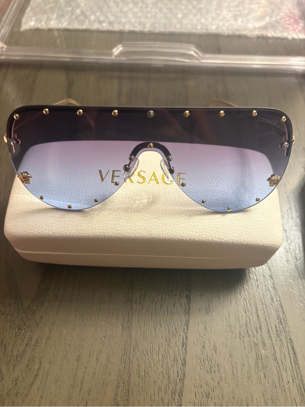 Unlisted Purple to Lavender Gradient Shield Sunglasses with Gold Accent Studs